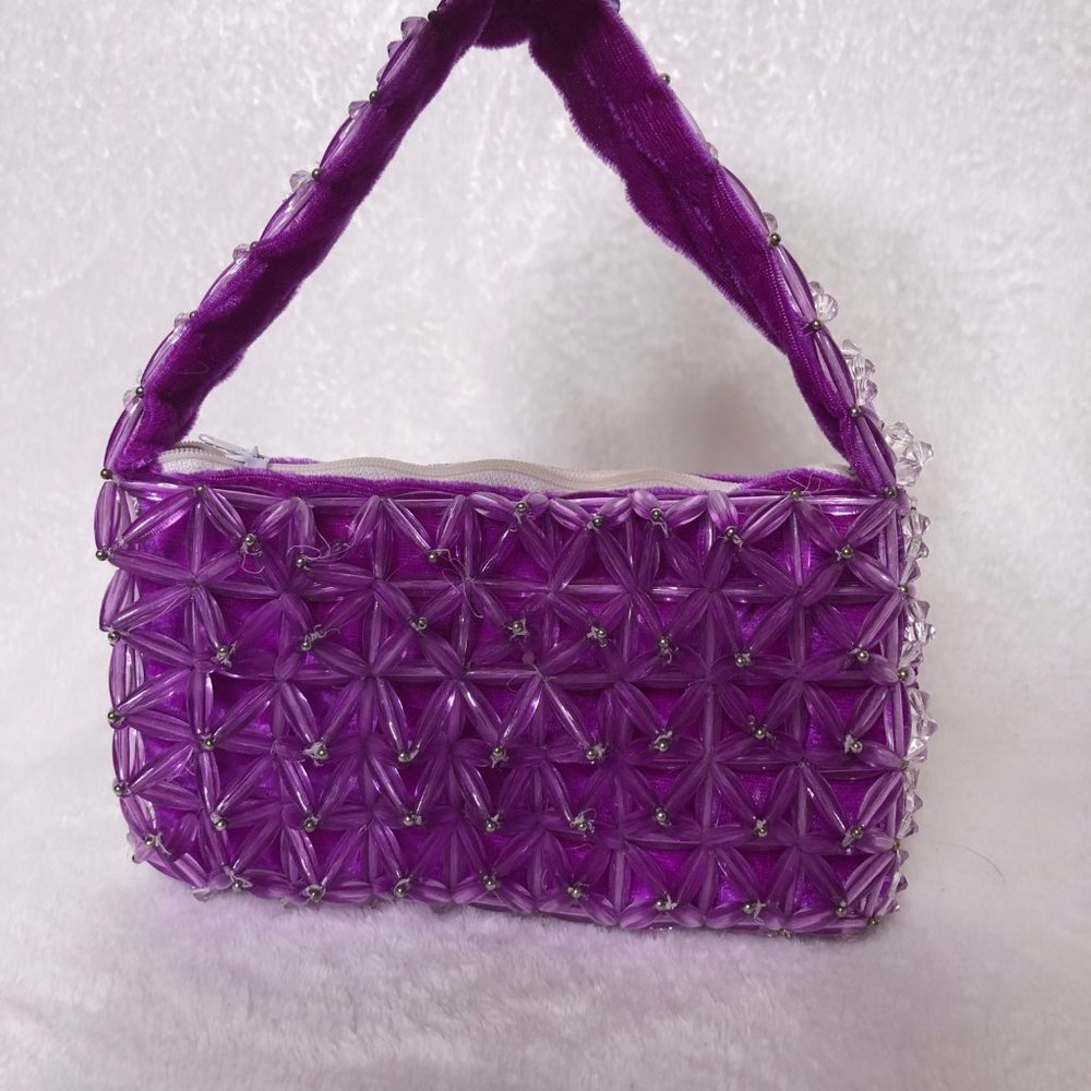 Handmade Purple & Silver Beaded Velvet Mini Bag